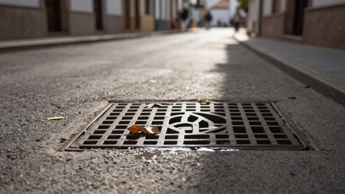 Illustrative image: a street drain in a Spanish locality, with dry leaves and a small puddle of water around it.