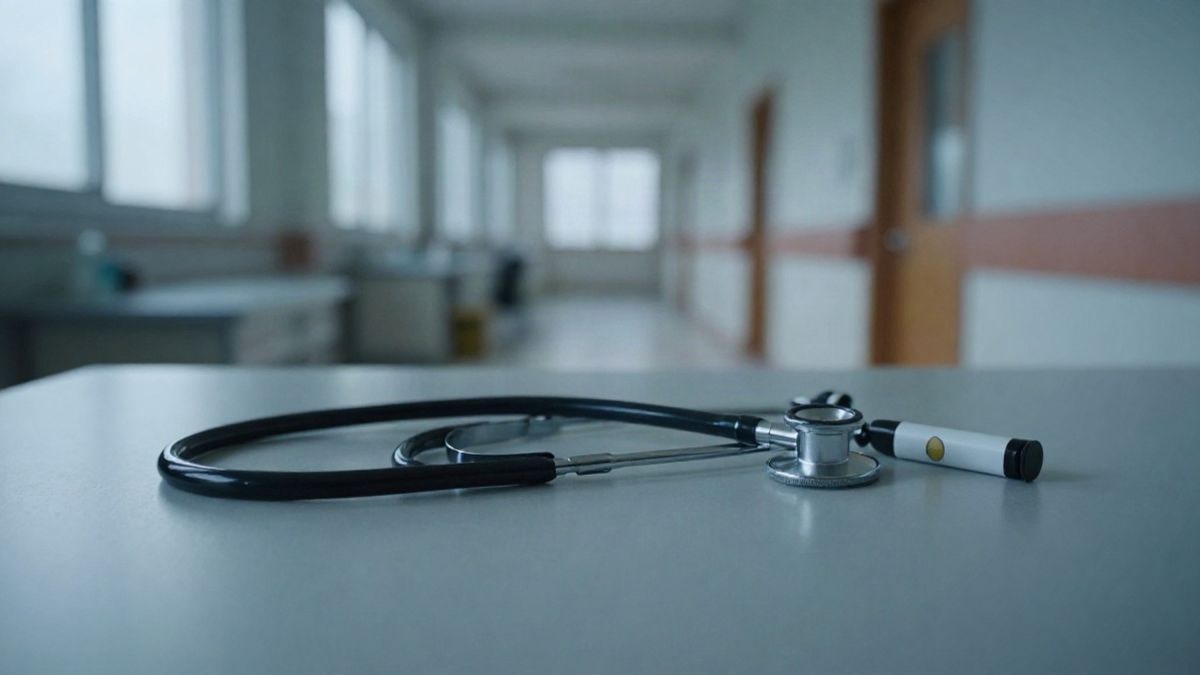 Illustrative image: a stethoscope and an electronic cigarette on a consultation table with a blurred healthcare corridor in the background