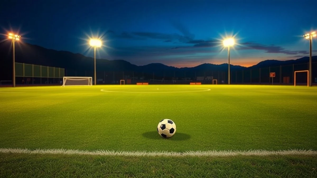 Imagen ilustrativa: campo de fútbol vacío al atardecer con focos encendidos y un balón en el centro del campo.