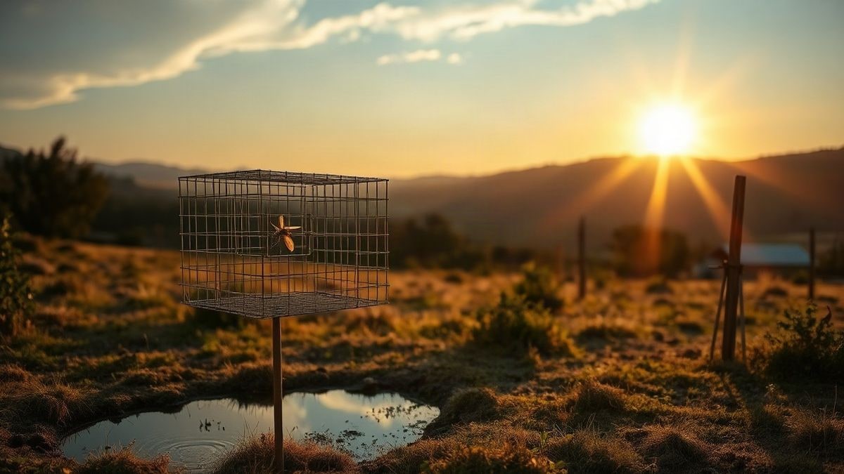 Imagen ilustrativa: una trampa para mosquitos en un entorno rural al atardecer, con sombras largas y luz cálida.
