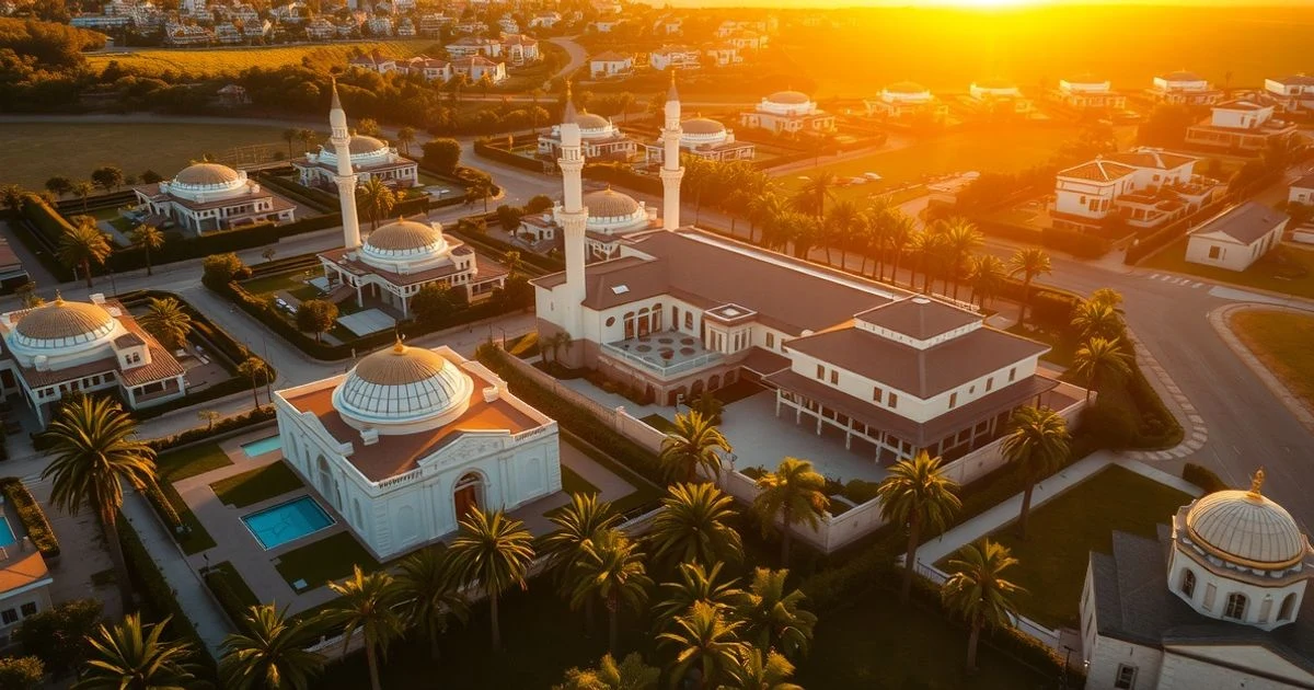 Aerial view of a luxury residential complex with villas, palm trees, and a mosque in Marbella's Golden Mile at sunset