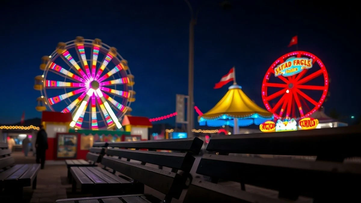 Illustrative image: illuminated ferris wheel and fair tents at night, with no people