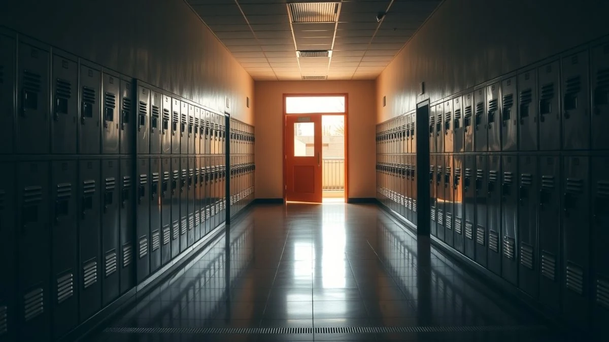 Illustrative image: empty school corridor with natural light, classroom door and lockers.