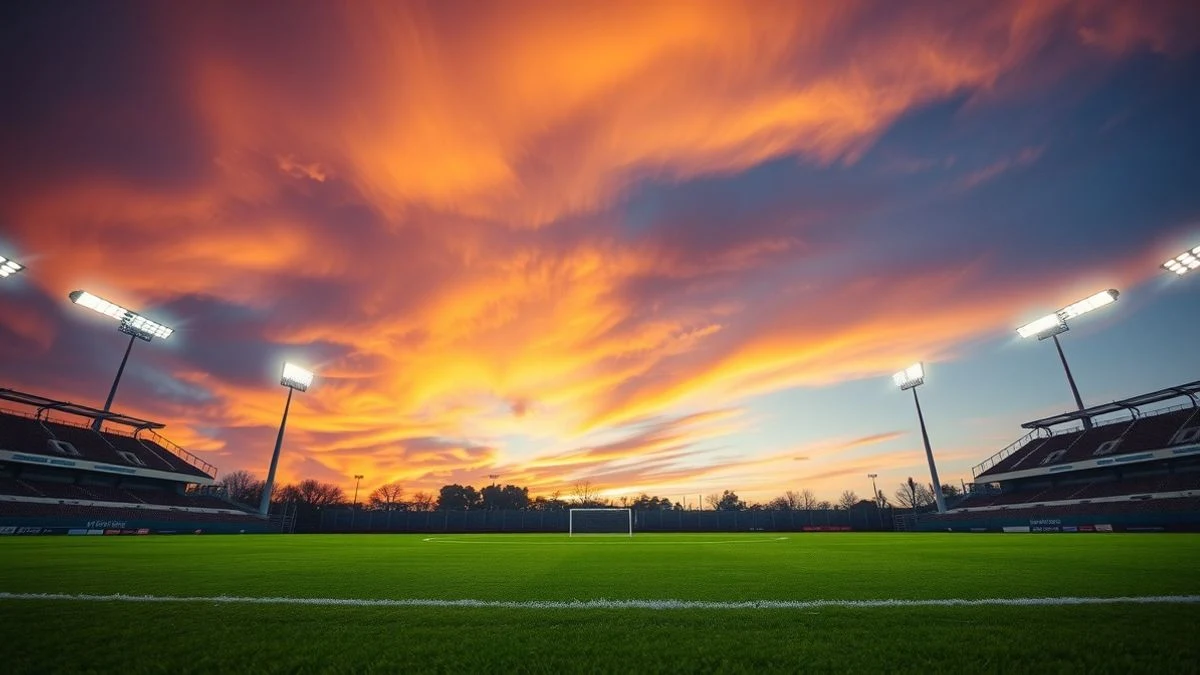 Estadio de fútbol vacío al atardecer con focos encendidos y césped bien cuidado