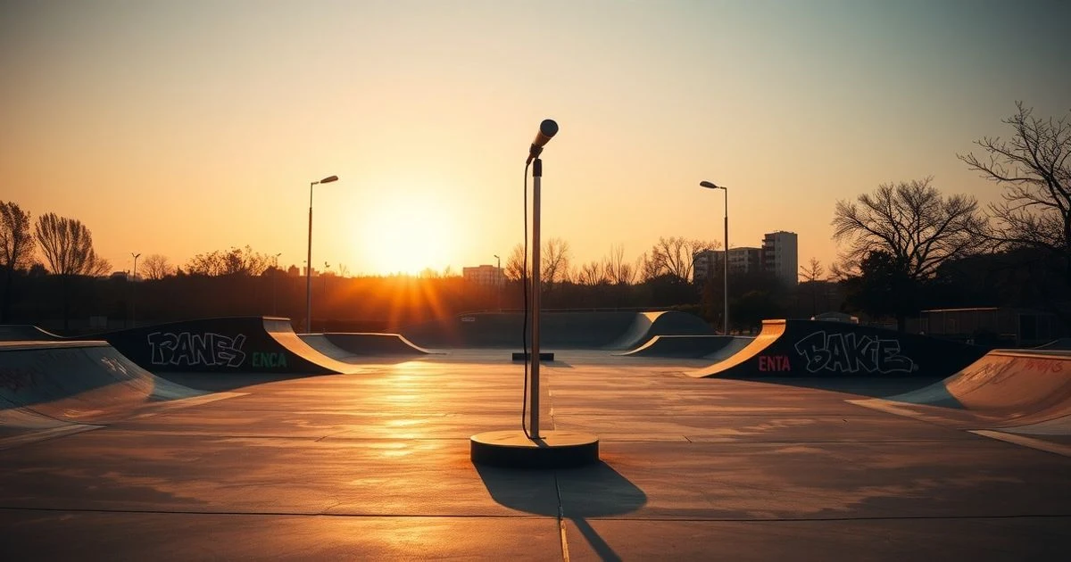 Skate park vacío al atardecer con graffiti y un micrófono en el centro