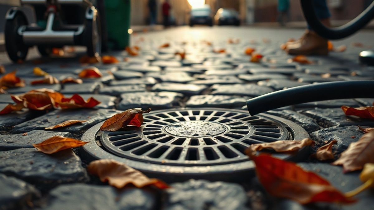 Illustrative image: drain grate on a cobbled street with autumn leaves and cleaning equipment.