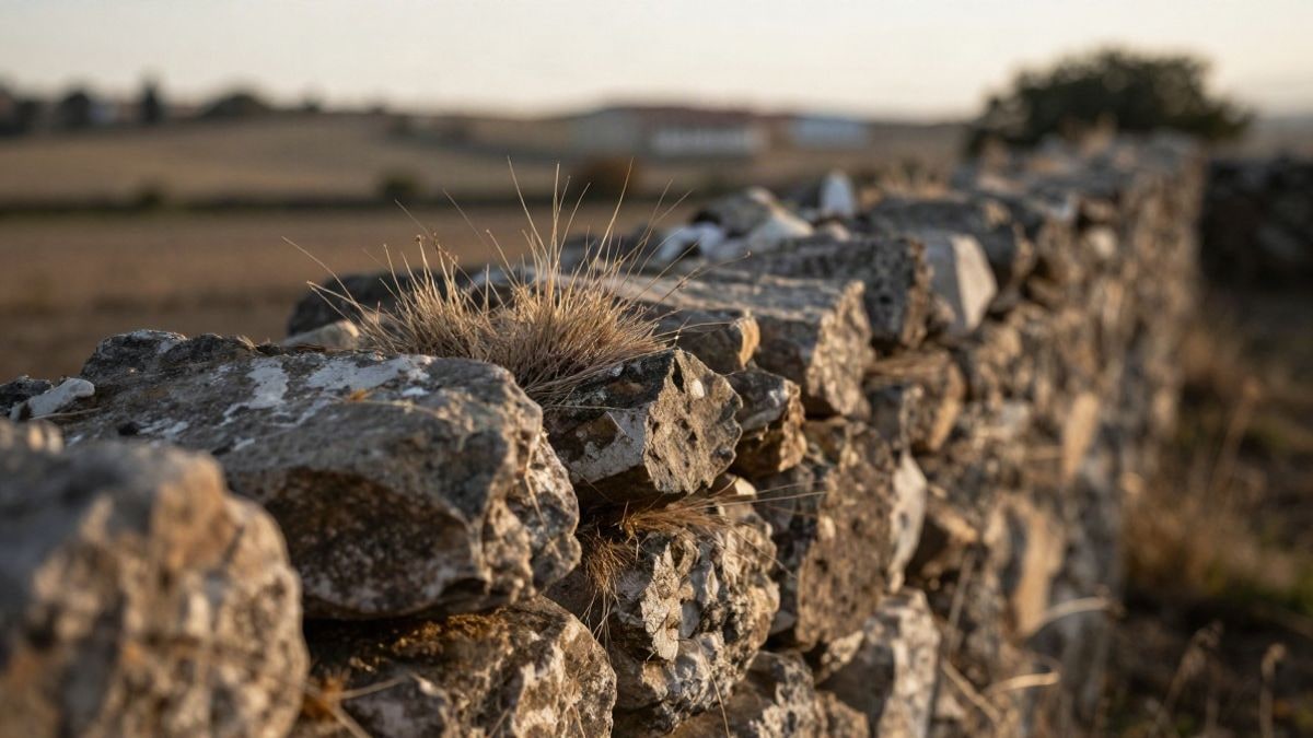 Imagen ilustrativa: primer plano de un muro de piedra rústico con hierba seca entre las piedras y un paisaje rural desenfocado al fondo