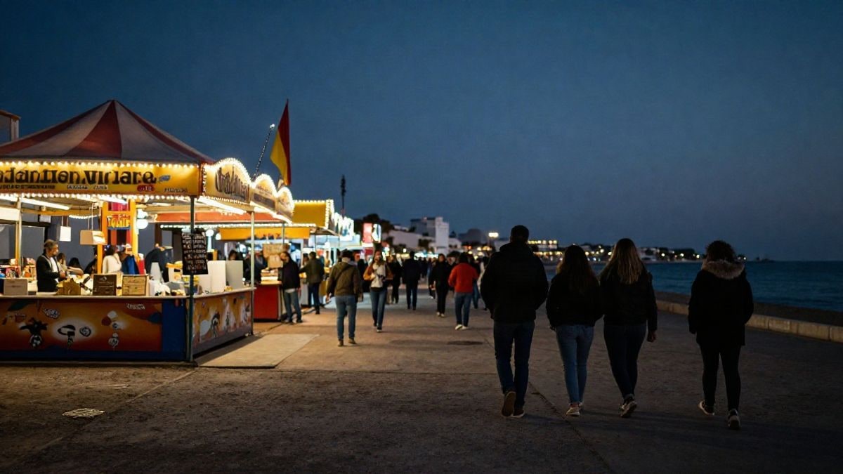Imagen ilustrativa: siluetas de personas paseando al atardecer por un recinto ferial junto al mar