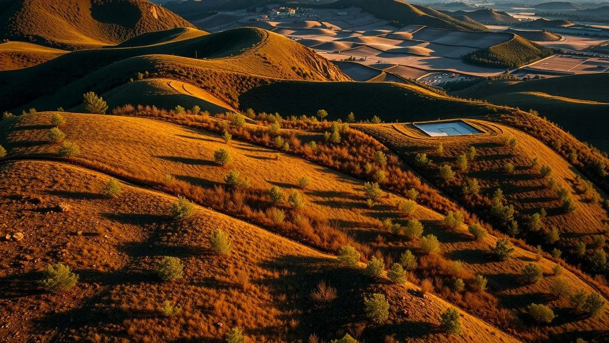 Vista aérea de parcelas sin edificar con pinos en una colina al atardecer