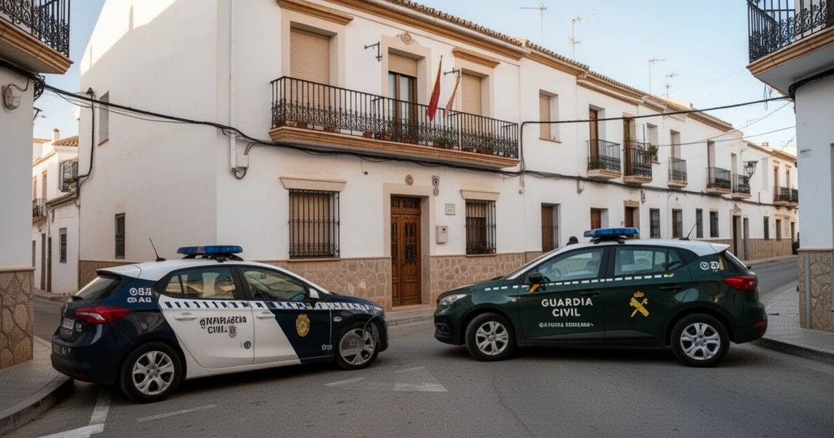 Guardia Civil car and police tape in a residential street in Campillos, Málaga, after a femicide