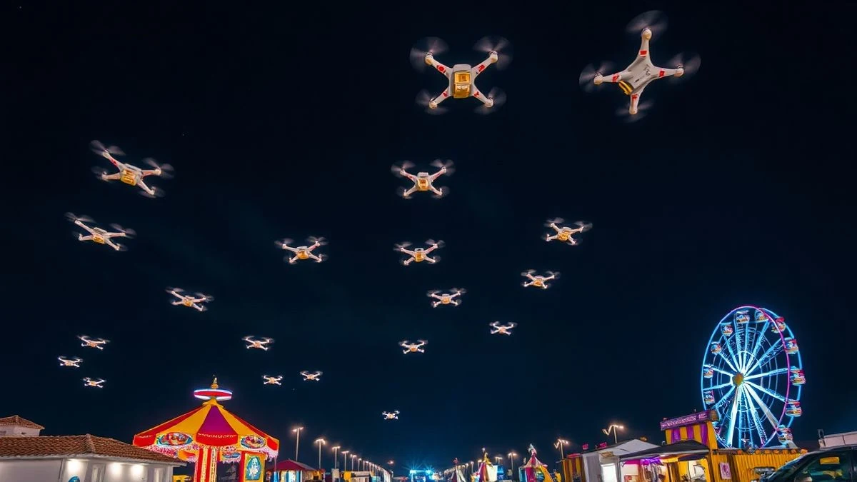 Imagen ilustrativa: un enjambre de drones iluminando el cielo nocturno sobre un recinto ferial genérico con noria al fondo.