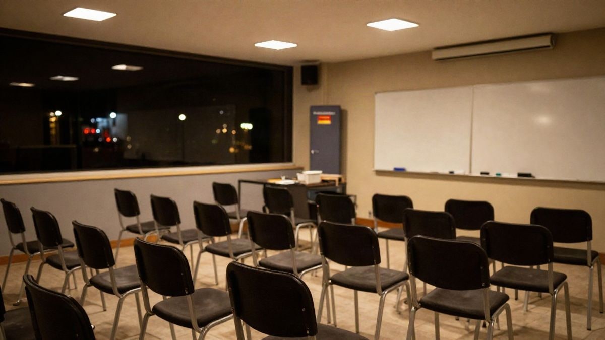 Imagen ilustrativa: sala de talleres con sillas vacías y pizarra bajo luz artificial nocturna