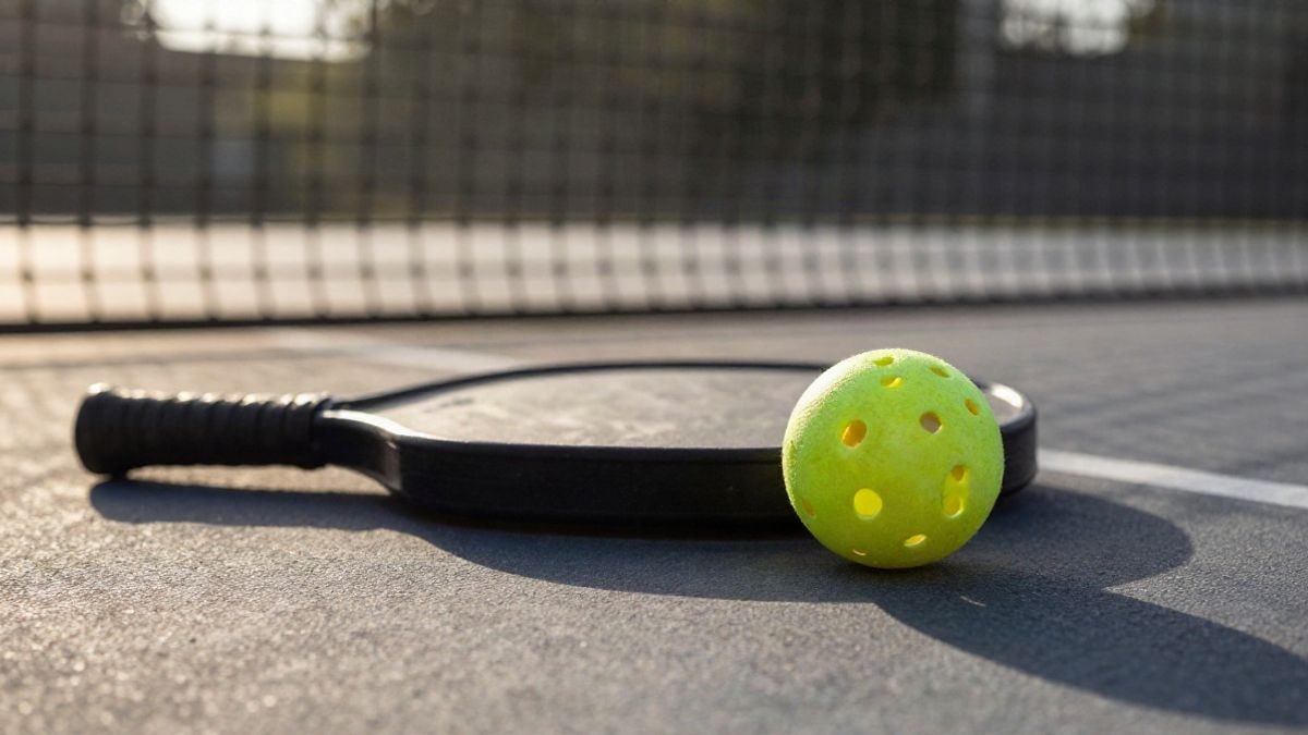 Illustrative image: a pickleball paddle and ball on an outdoor court, with the net blurred in the background.