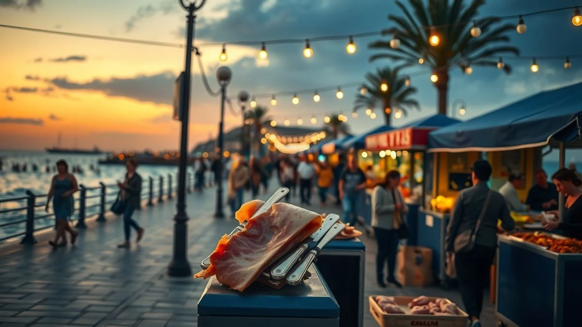 Illustrative image: a ham stall lit with warm lights on a promenade at sunset, with blurred people in the background.