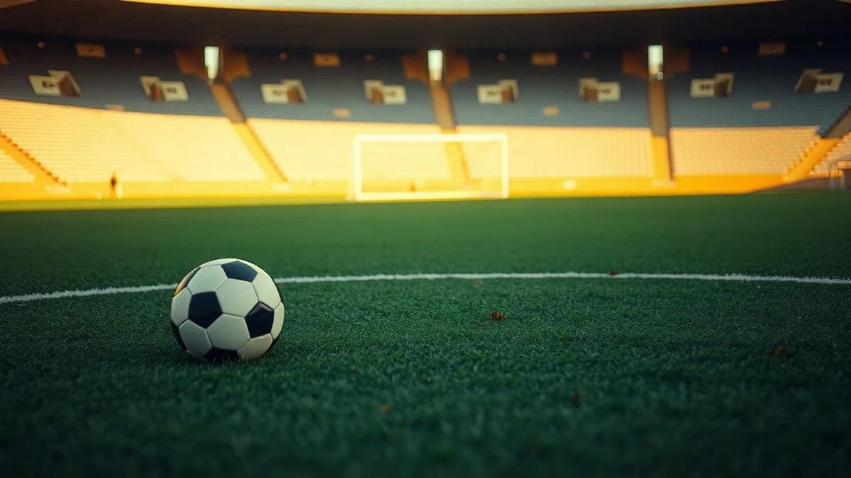 Campo de fútbol en Marbella al amanecer con un balón en el centro del campo