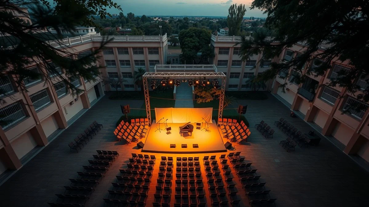 Illustrative image: aerial view of an outdoor stage in a schoolyard at sunset, with empty chairs and stage lights.