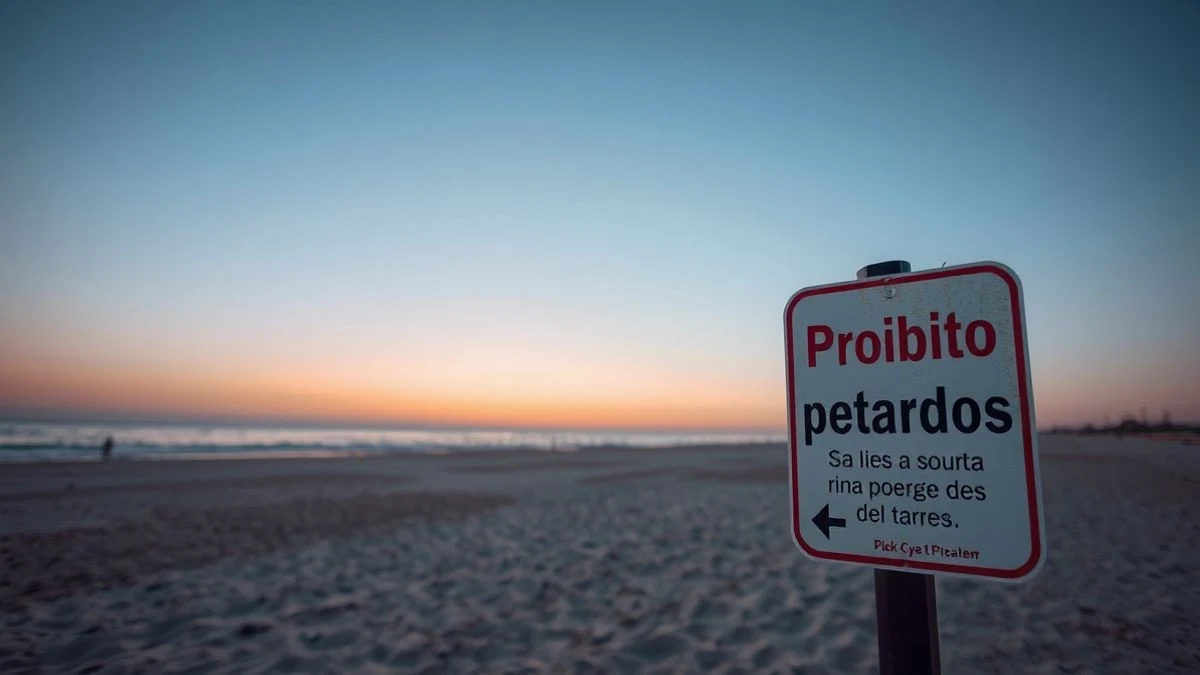 Prohibition sign for firecrackers on a beach at sunset with people in the background