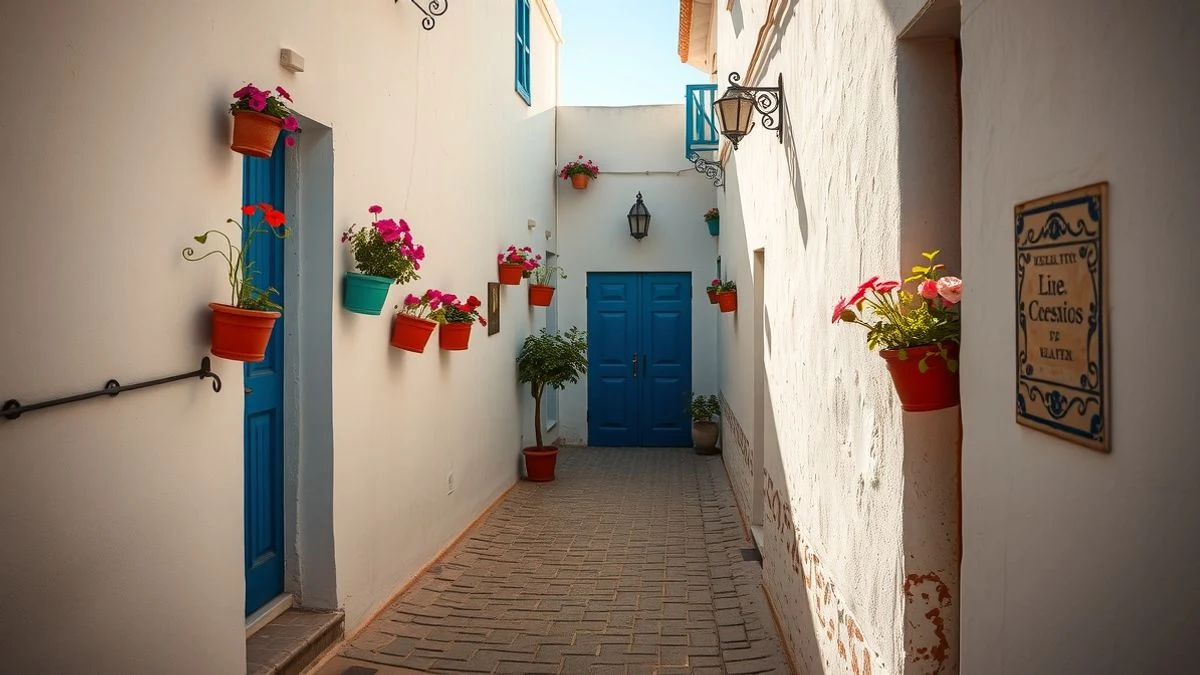 Imagen ilustrativa: calle empedrada estrecha con fachadas blancas, macetas de flores y una puerta azul en un pueblo andaluz al atardecer.