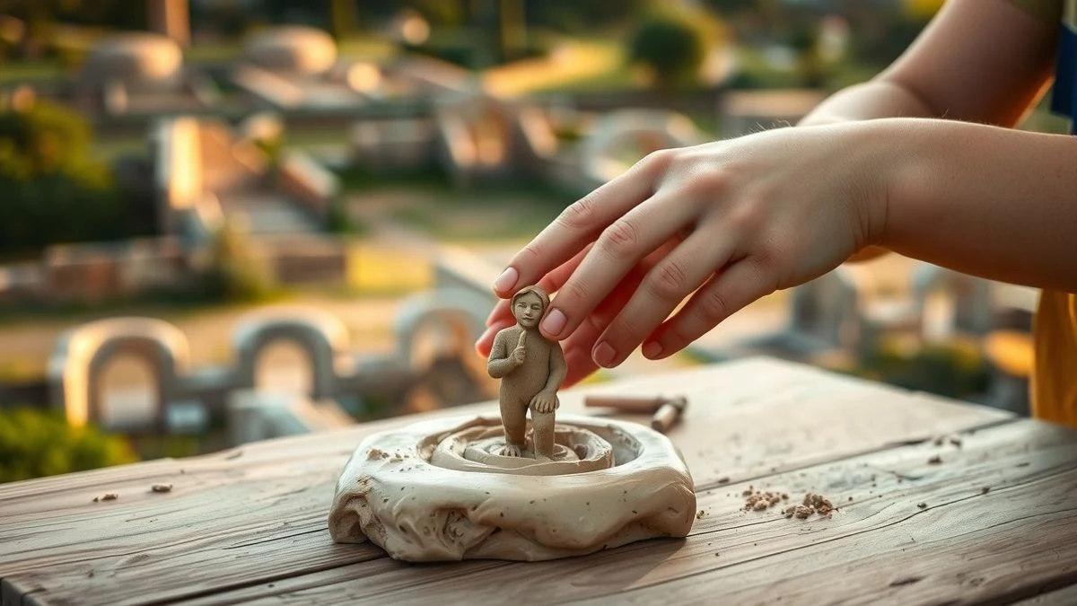 Child's hands shaping a clay figurine on a wooden table, with a blurred Roman archaeological site in the background