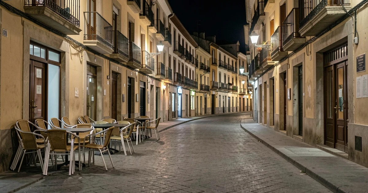 Calle vacía del centro de Málaga con terrazas recogidas y farolas encendidas