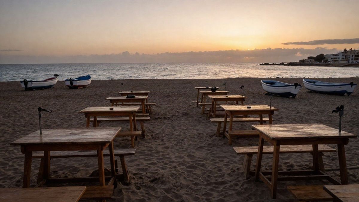 Imagen ilustrativa: mesas y parrillas en una playa mediterránea al atardecer