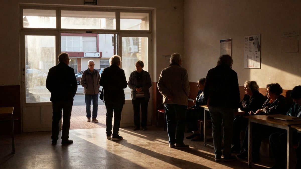 Illustrative image: entrance of a renovated social centre with sunset light and silhouettes of elderly people from behind