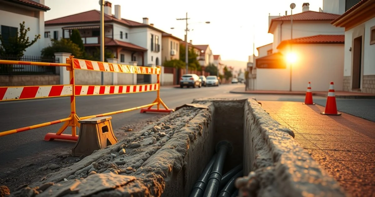 Obras de saneamiento en una calle residencial con tuberías nuevas y viejas, al atardecer