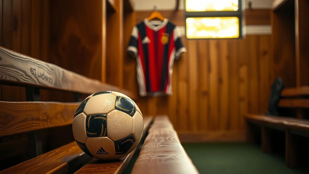 Balón de fútbol sobre un banco de madera en un vestuario, con una camiseta colgada al fondo