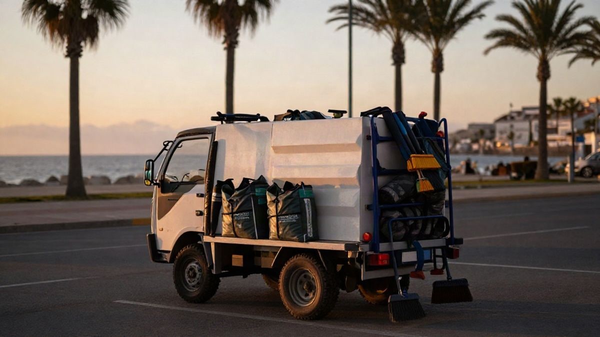 Imagen ilustrativa: carro de limpieza viaria con escobas y bolsas en un paseo costero al atardecer