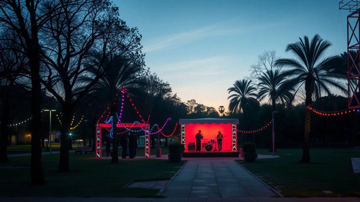 Imagen ilustrativa: un parque al atardecer con luces de colores y un escenario con instrumentos musicales, jóvenes jugando al fondo, sin rostros visibles.