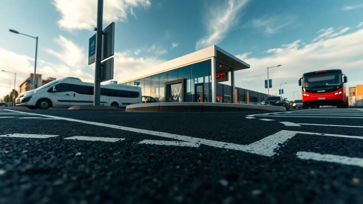 Imagen ilustrativa: un área de aparcamiento recién asfaltada junto a una estación de autobuses moderna, con el cielo de fondo.
