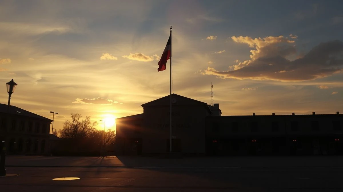 Illustrative image: flag at half-mast on the façade of a town hall at sunset, with an orange sky and long shadows.