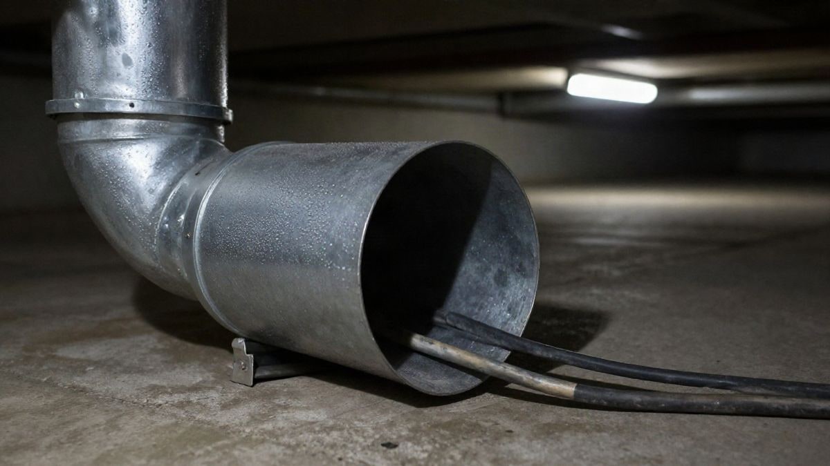 Illustrative image: detail of metal ventilation ducts and electrical cables on concrete floor in a basement