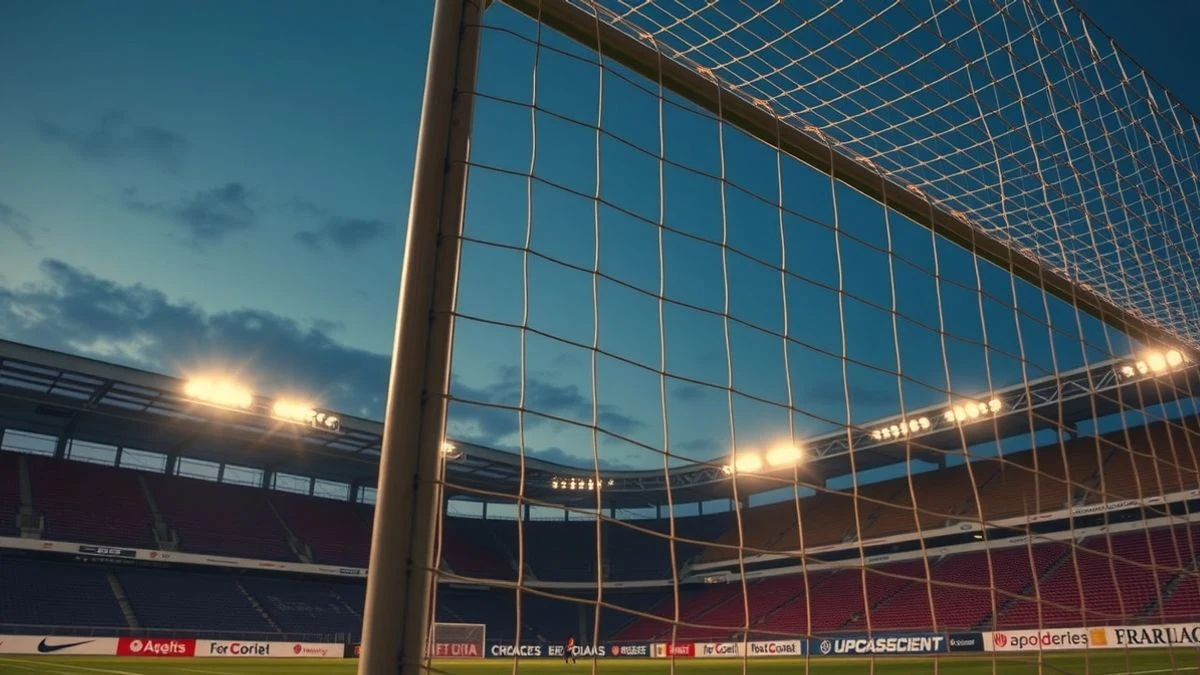 Imagen ilustrativa: una portería de fútbol vacía al atardecer en un estadio, con luz natural dramática y profundidad de campo reducida.