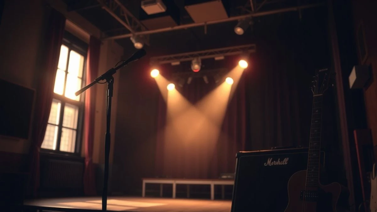 Imagen ilustrativa: micrófono sobre un escenario vacío con luces tenues y una guitarra apoyada en un amplificador, luz lateral de ventana.