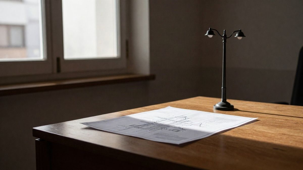 Illustrative image: wooden table in an empty municipal office with plans and model of streetlights, illuminated by side light from a window