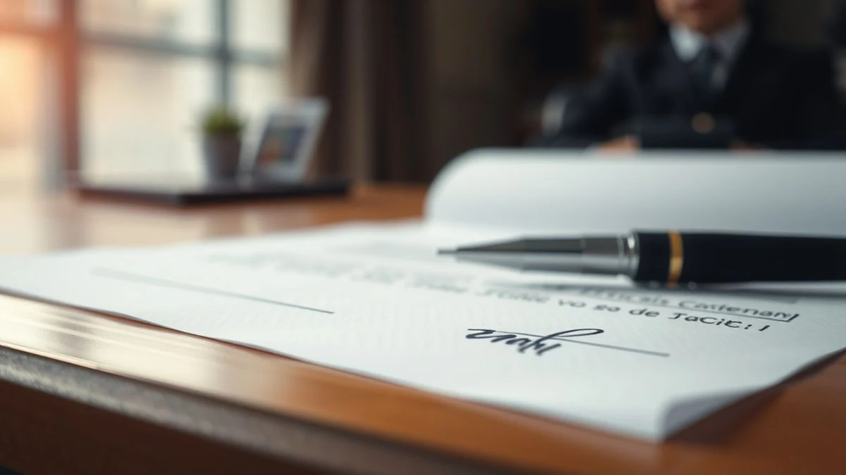 Illustrative image: a signed document on a wooden table, with a pen resting on it, illuminated by natural light.