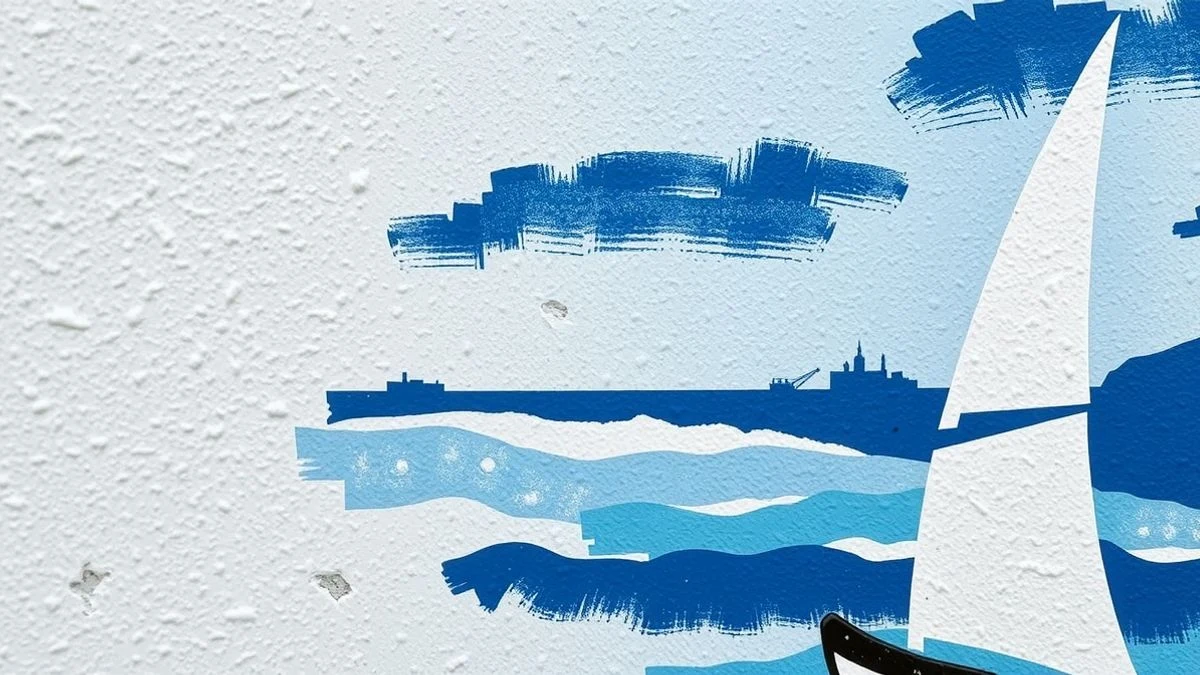 Detail of the texture of a blue and white mural on a wall, with visible brushstrokes and natural light.