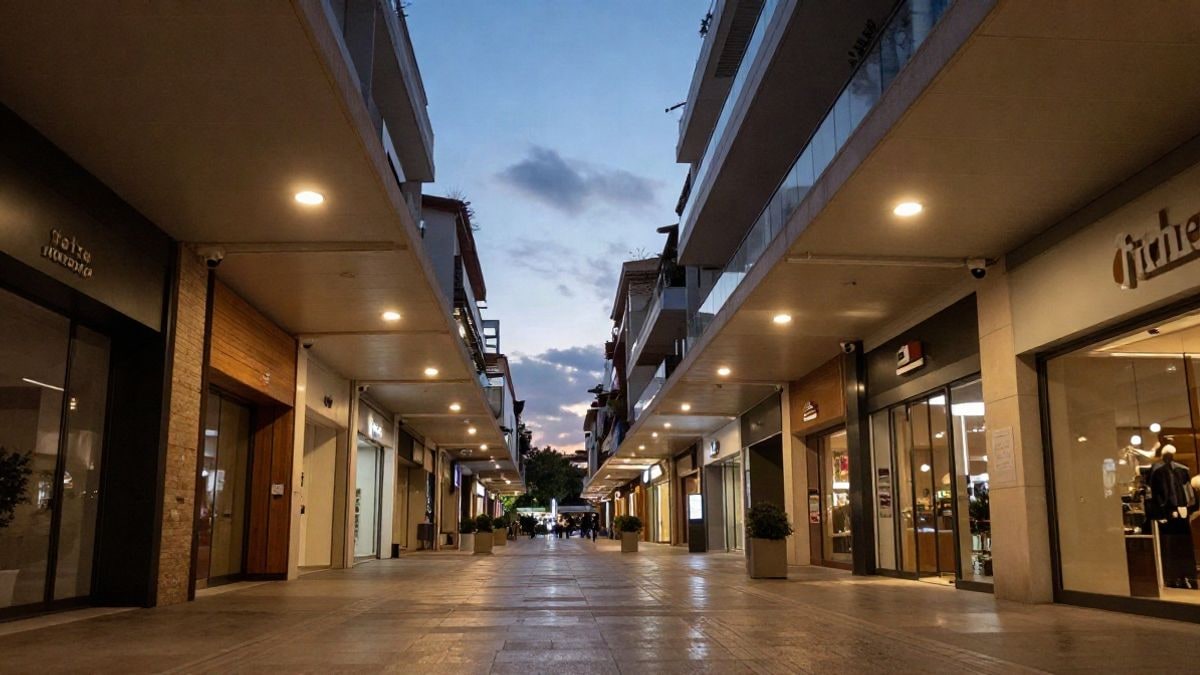 Imagen ilustrativa: ángulo bajo de un paseo comercial junto al puerto con cámaras de vigilancia en el techo y cielo al fondo