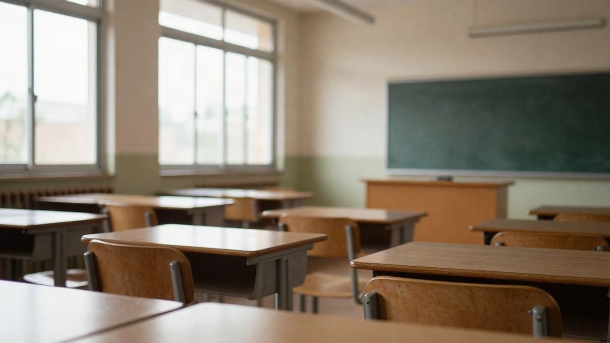 Illustrative image: empty classroom with natural light coming through the windows