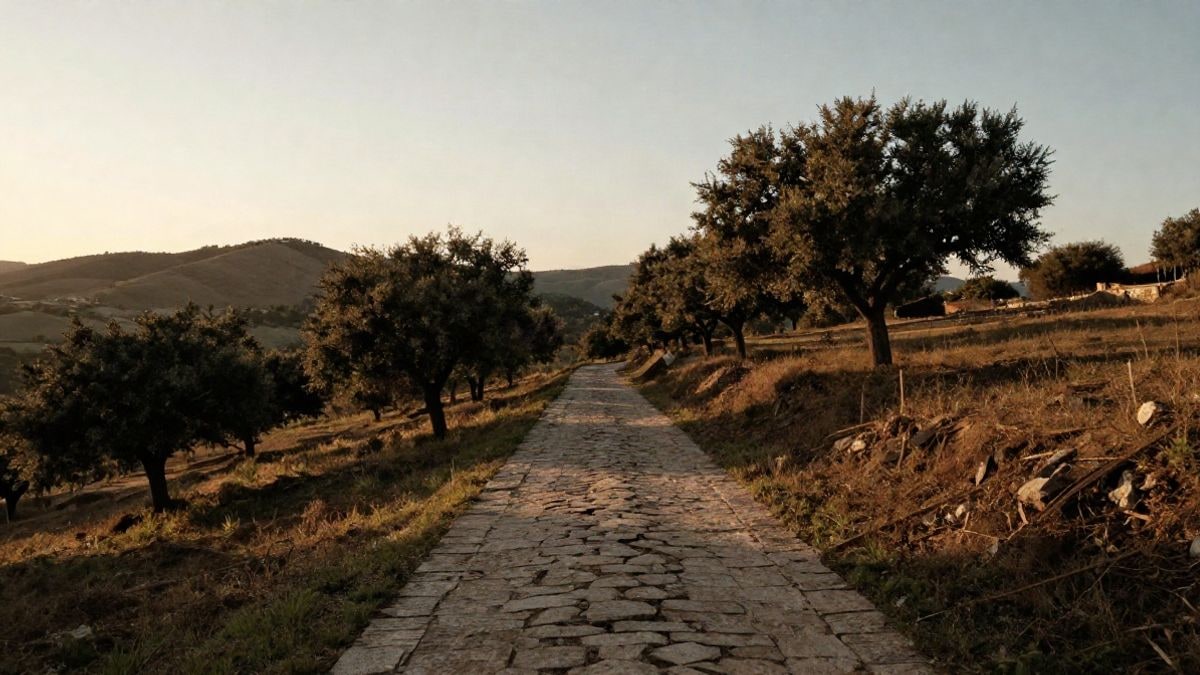 Imagen ilustrativa: sendero rural entre colinas y encinas al atardecer, con líneas que convergen hacia el horizonte