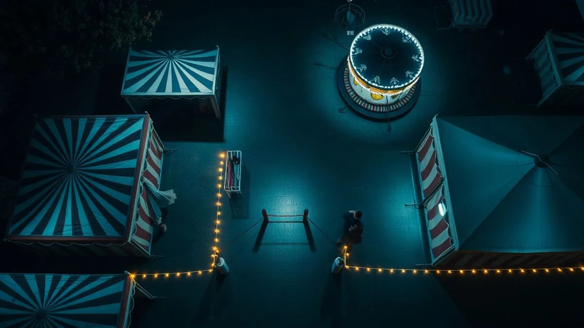 Imagen ilustrativa: vista aérea de un recinto ferial vacío por la noche, con carpas de colores y luces, y una cinta policial en una zona acordonada.
