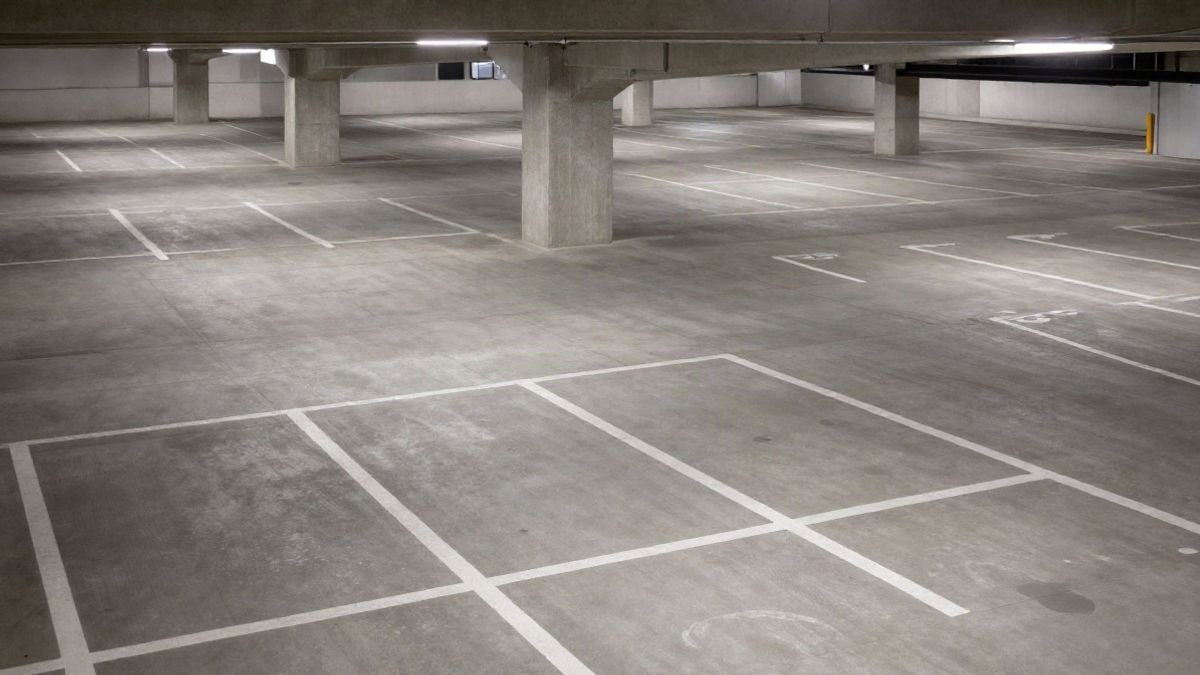 Imagen ilustrativa: vista cenital de un aparcamiento subterráneo vacío con plazas delimitadas y pilares de hormigón