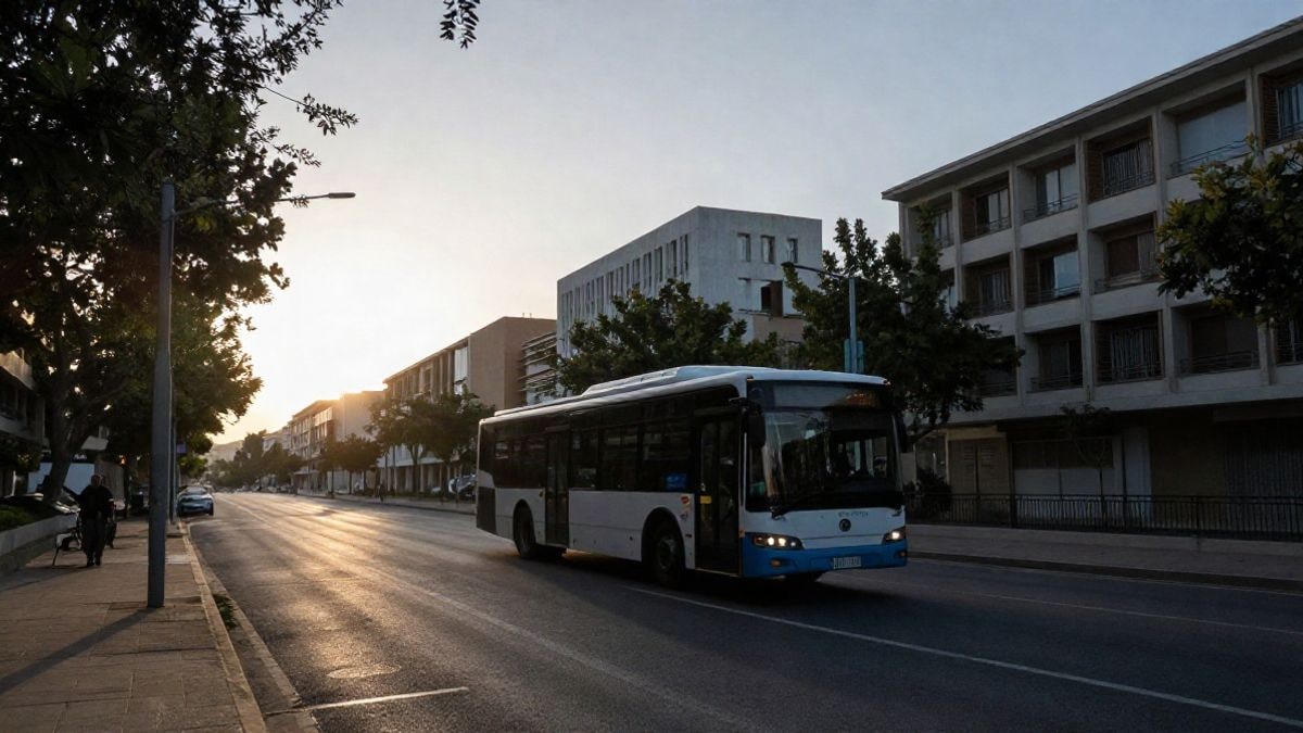 Illustrative image: an urban bus travels at dawn towards a modern university campus with buildings and green areas.