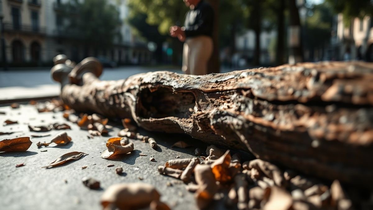 Imagen ilustrativa: una rama gruesa rota en el suelo de un parque urbano, con astillas y hojas secas alrededor