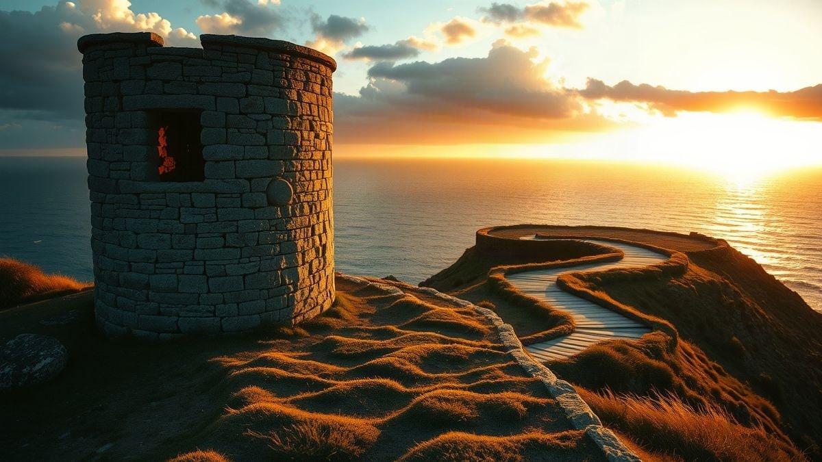 Imagen ilustrativa: torre vigía de piedra en un acantilado costero al atardecer, sin tejado, con el mar al fondo