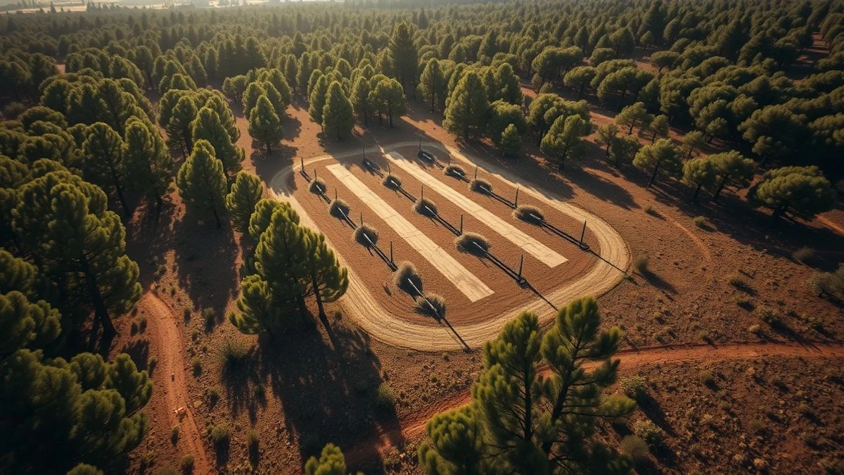 Aerial view of a shooting range in a clearing in the woods with scattered knockdown targets