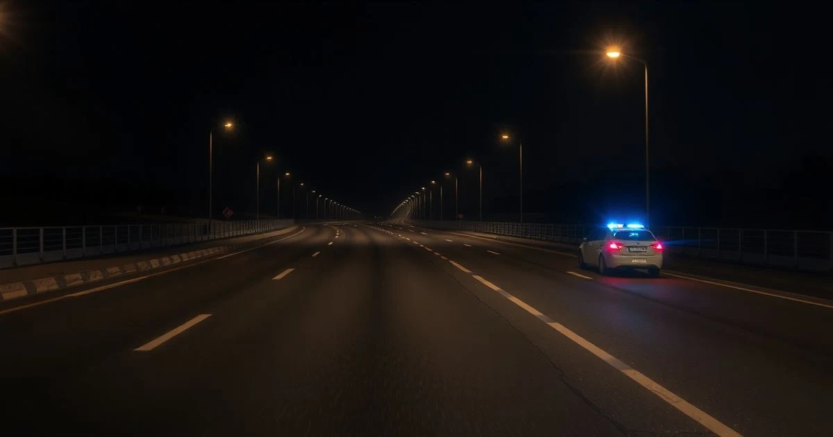 Dark four-lane road illuminated by streetlights and lights from a police car in the background