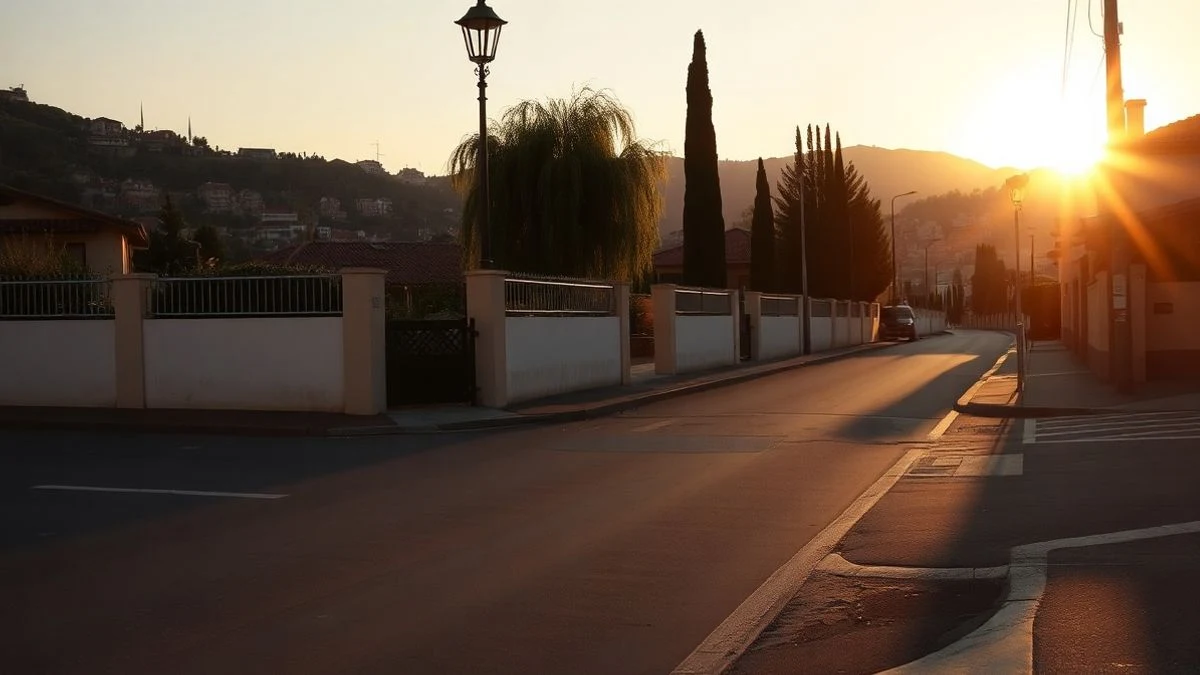 Imagen ilustrativa: calle residencial española al atardecer con sombras largas y barandilla metálica.