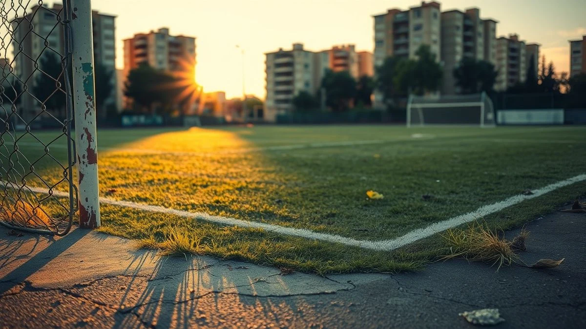 Imagen ilustrativa: un campo de fútbol de césped artificial desgastado, con porterías oxidadas y vallas metálicas, al atardecer, en un entorno urbano genérico.